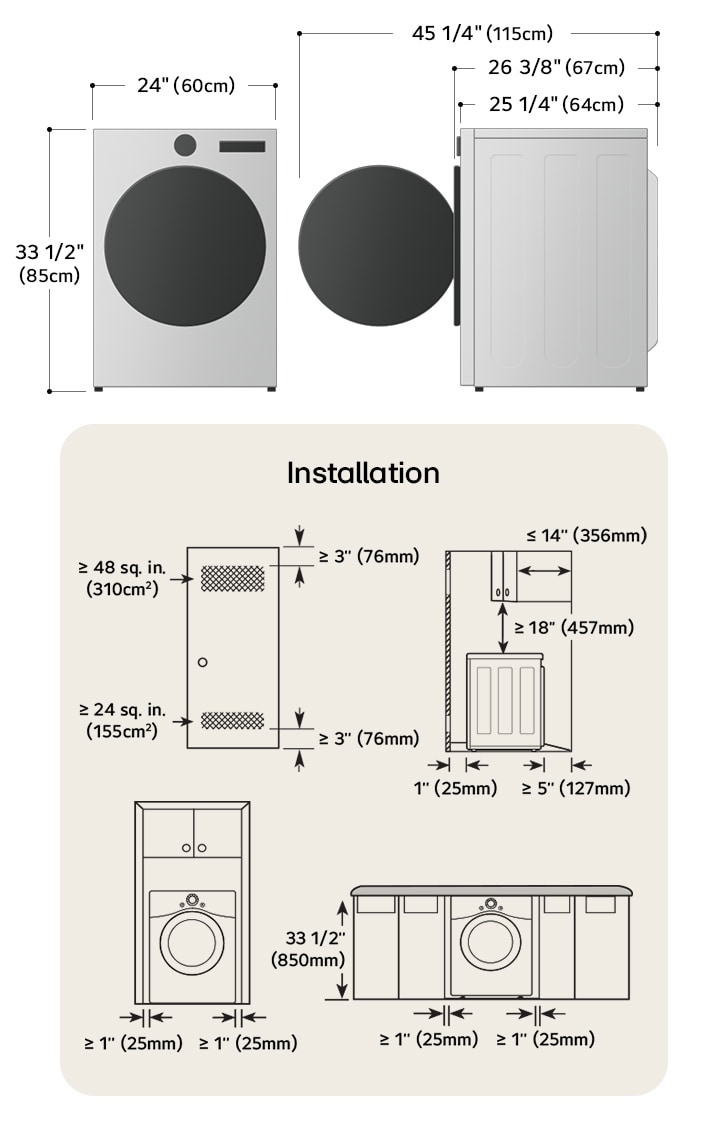 Technical dimension and installation diagram for the LG Compact Front Load Dryer: 24 in (60 cm) wide, 33 1/2 in (85 cm) high, 26 3/8 in (67 cm) deep, and 45 1/4 in (115 cm) with door open, detailing required installation and venting clearances.