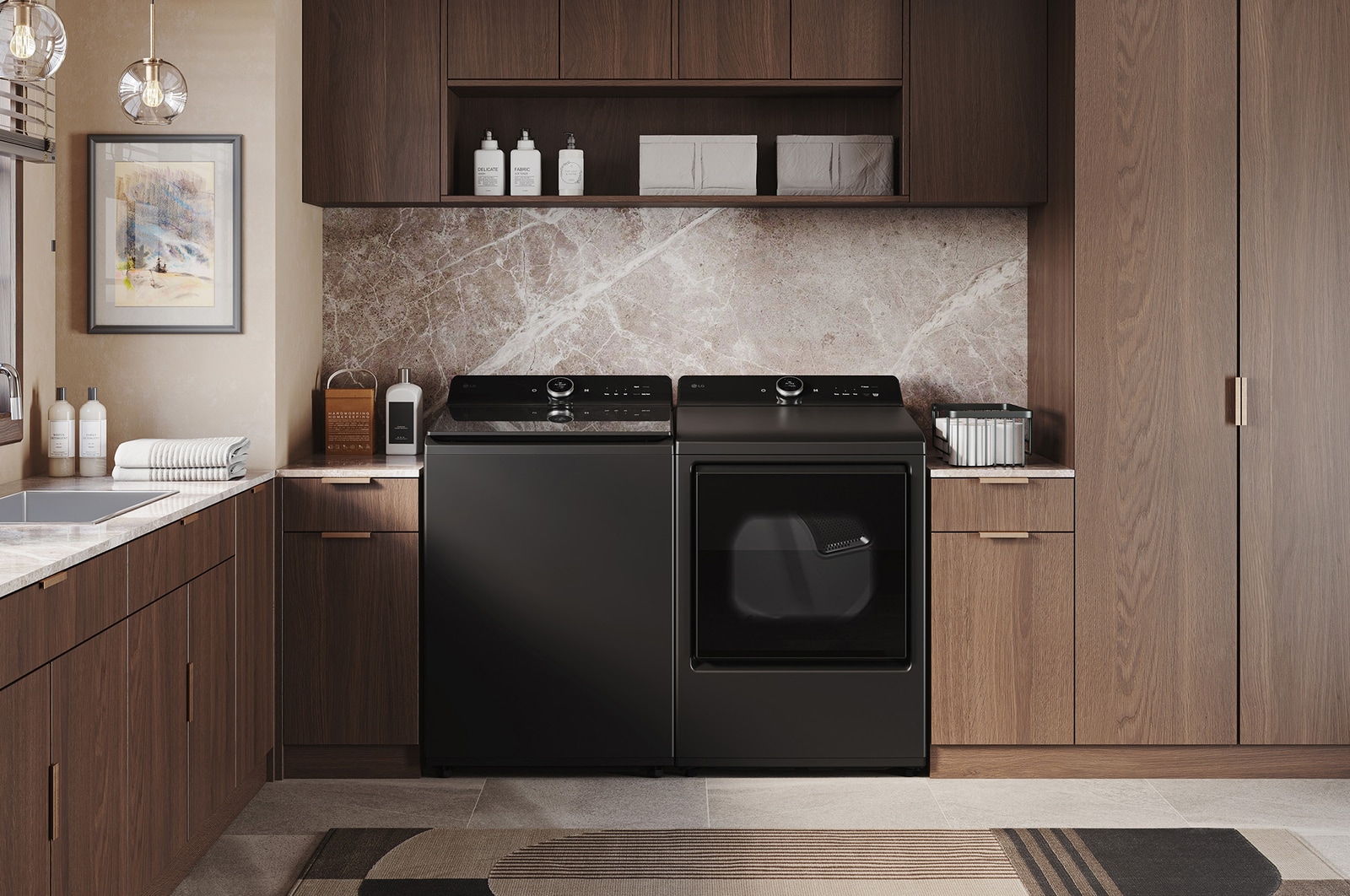 The LG Top Load Washer and Dryer set (DLEX8600BE) in Black Steel, showcasing the flat-top design and premium finish integrated perfectly beneath the upper cabinetry.