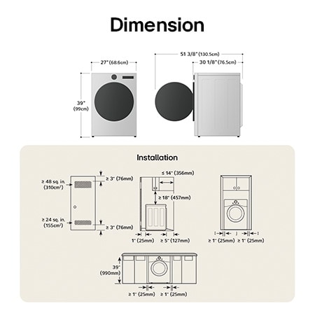 Technical dimension and installation diagram for the LG Front Load Dryer: 27 in (68.6 cm) wide, 39 in (99 cm) high, 30 1/8 in (76.5 cm) deep, and 51 3/8 in (130.5 cm) with door open, detailing required installation and venting clearances.