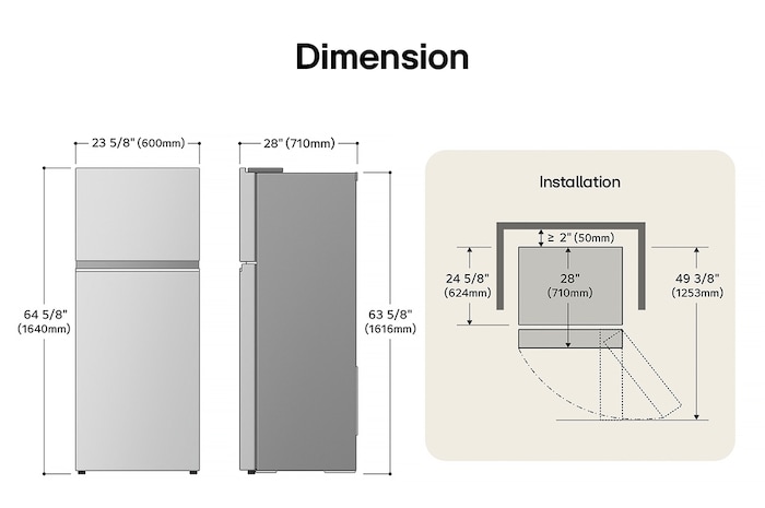 LG LT11C2000V Top Freezer Refrigerator technical drawing: H 64 5/8"(1640mm), W 23 5/8"(600mm), D 28"(710mm), incl. clearances.