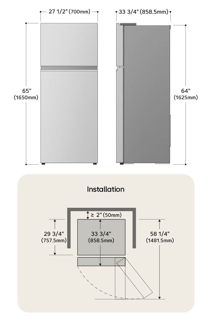 LG Top Freezer Refrigerator technical drawing: H 65"(1650mm), W 27 1/2"(700mm), D 33 3/4"(858.5mm), incl. clearances.