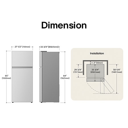 LG LT18S2100S Top Freezer Refrigerator technical drawing: H 65"(1650mm), W 27 1/2"(700mm), D 33 3/4"(858.5mm), incl. clearances.