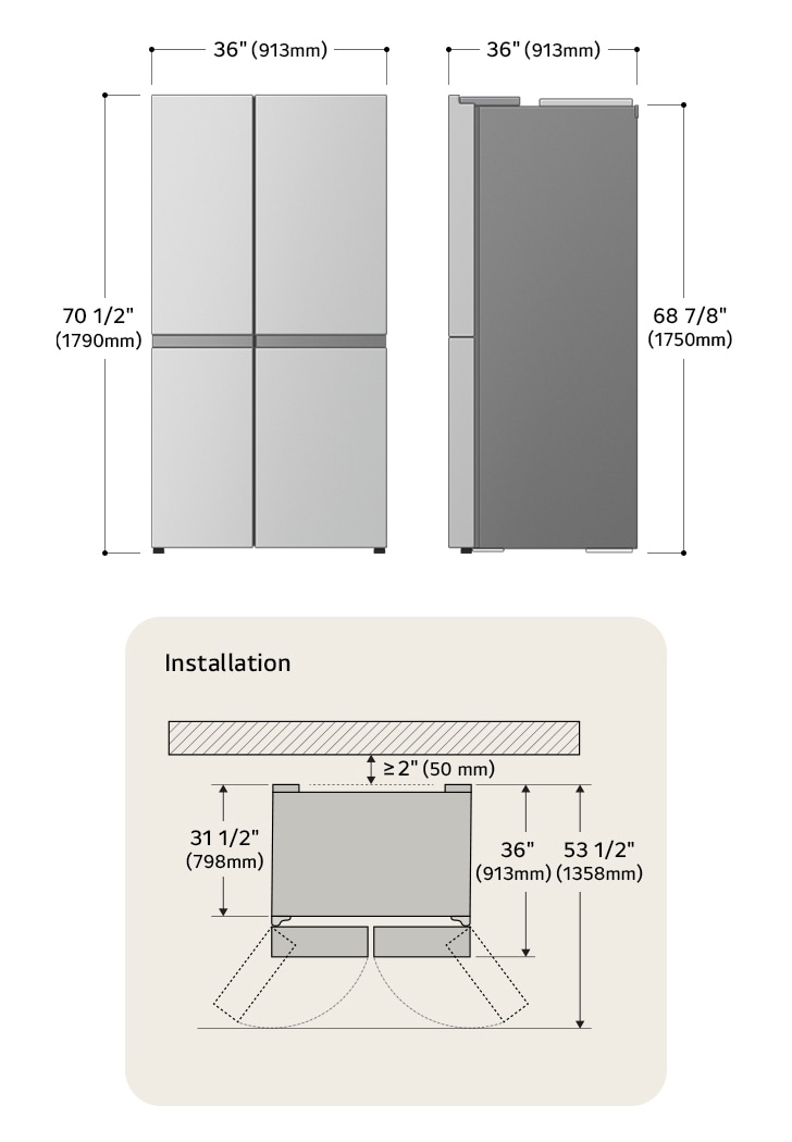 LG Side-by-Side Refrigerator technical drawing: H 70 1/2"(1790mm), W 36"(913mm), D 36"(913mm), incl. clearances.