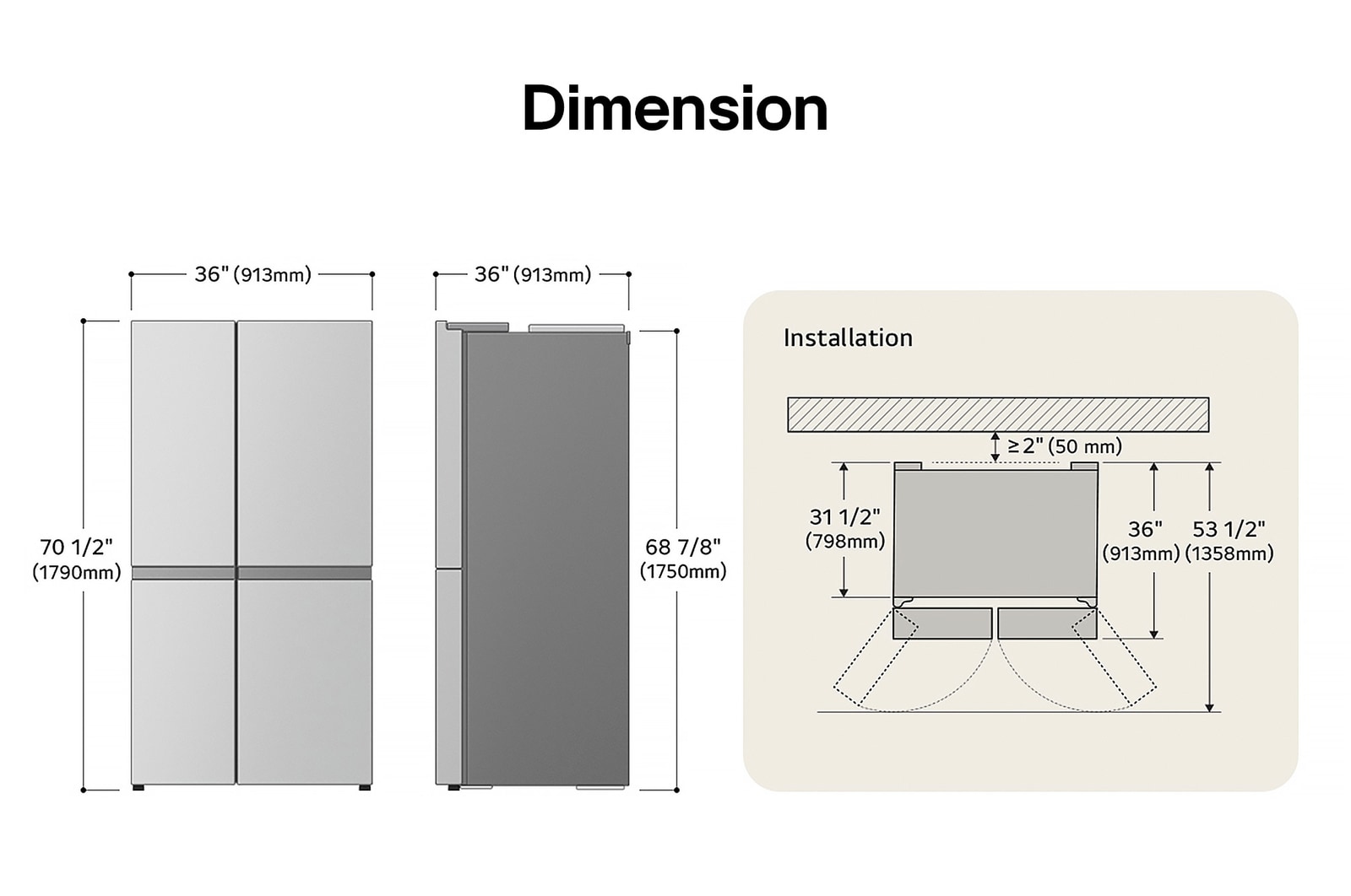 LG LS29S3230V Side-by-Side Refrigerator technical drawing: H 70 1/2"(1790mm), W 36"(913mm), D 36"(913mm), incl. clearances.