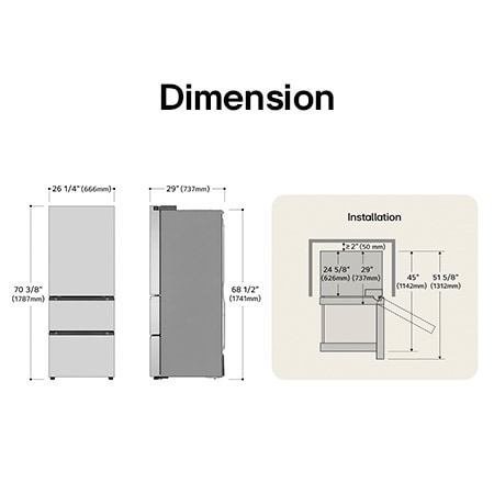 LG LK12S6000V Kimchi Refrigerator technical drawing: H 70 3/8"(1787mm), W 26 1/4"(666mm), D 29"(737mm), incl. clearances.