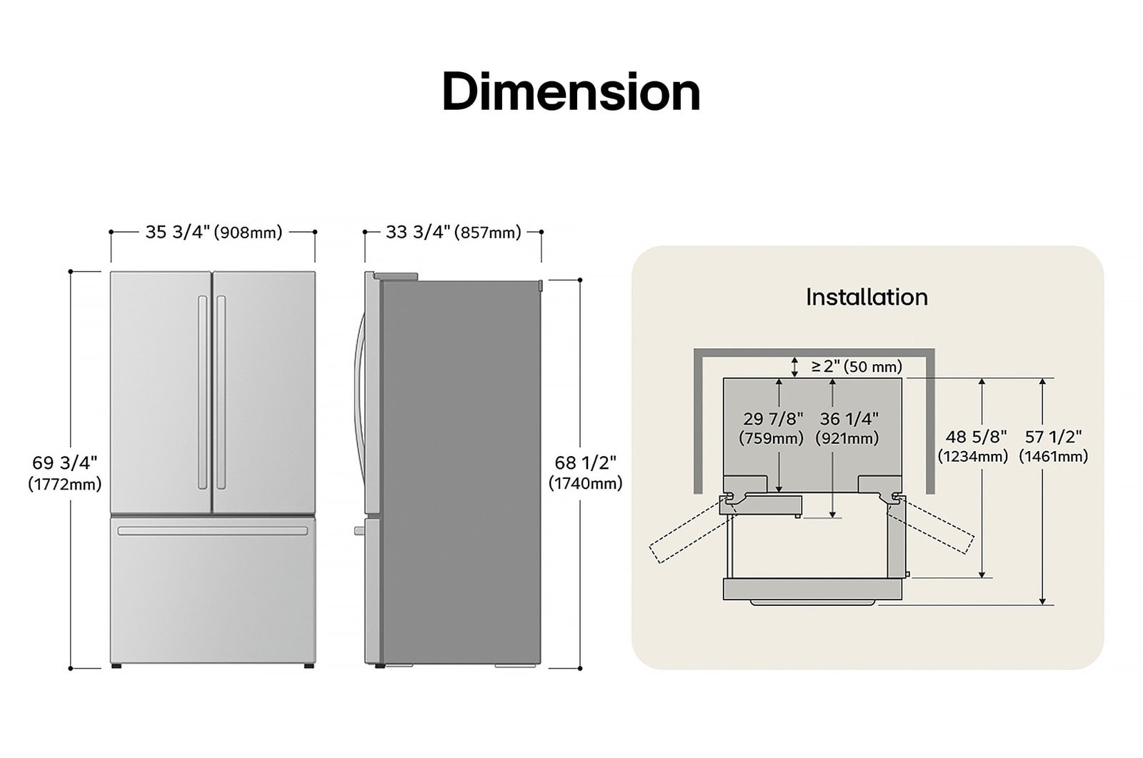 LG LRFS28XBD French Door Refrigerator technical drawing: H 69 3/4"(1772mm), W 35 3/4"(908mm), D 33 3/4"(857mm), incl. clearances.