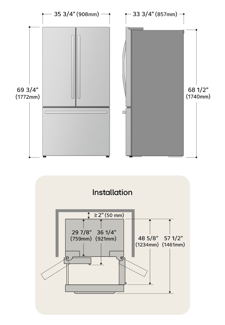 LG French Door Refrigerator technical drawing: H 69 3/4"(1772mm), W 35 3/4"(908mm), D 33 3/4"(857mm), incl. clearances.