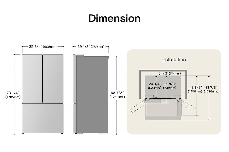 LG LRYKC2606S French Door Refrigerator technical drawing: H 70 1/4"(1785mm), W 35 3/4"(908mm), D 29 1/8"(739mm), incl. clearances.