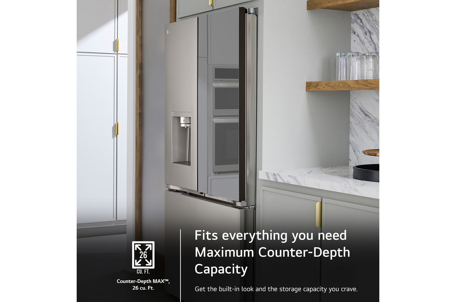 The LG LRYKC2606S refrigerator's Counter-Depth MAX™ design, offering a built-in look with large 26 cu.ft. capacity.