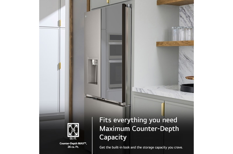 The LG LRYKC2606S refrigerator's Counter-Depth MAX™ design, offering a built-in look with large 26 cu.ft. capacity.