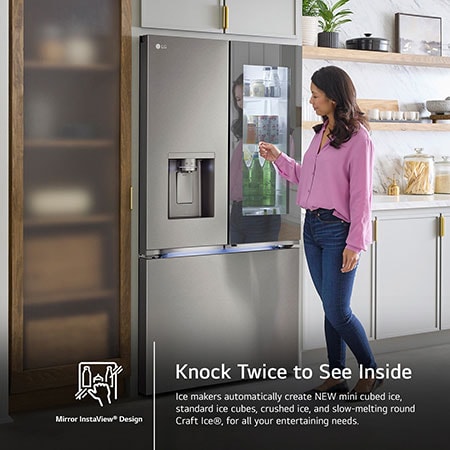 The LG 26 cu.ft. French Door Refrigerator LRYKC2606S, showing the Mirror InstaView® Design panel being knocked on to see inside.
