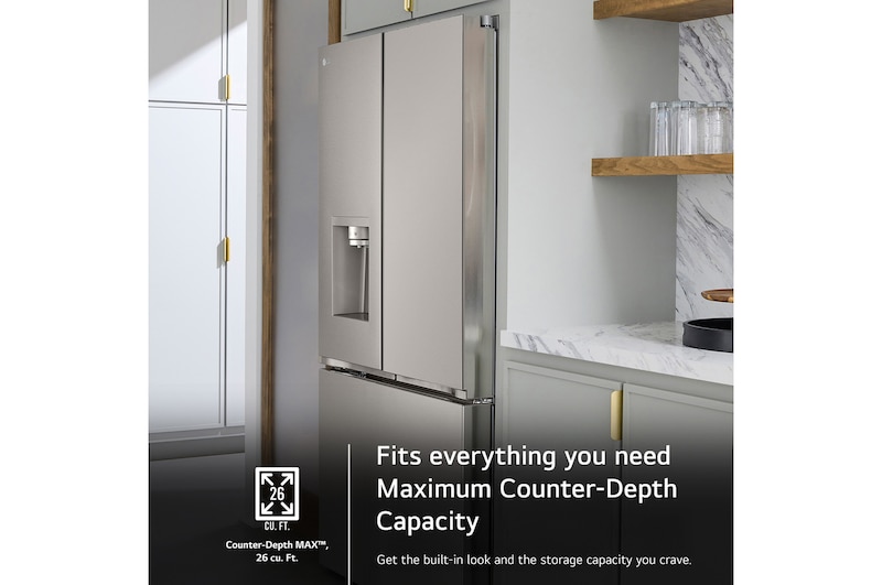The LG LRYXC2606S refrigerator's Counter-Depth MAX™ design, offering a built-in look with large 26 cu.ft. capacity.