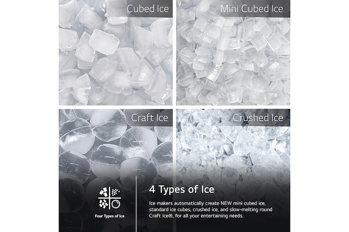 Collage showing the 4 types of ice made by the LG LRYXC2606S refrigerator: cubed, mini cubed, Craft Ice®, and crushed ice.