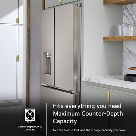The LG LRYXC2606S refrigerator's Counter-Depth MAX™ design, offering a built-in look with large 26 cu.ft. capacity.