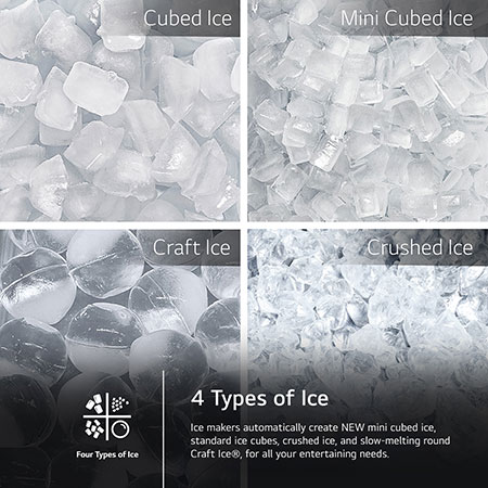 Collage showing the 4 types of ice made by the LG LRYXC2606S refrigerator: cubed, mini cubed, Craft Ice®, and crushed ice.