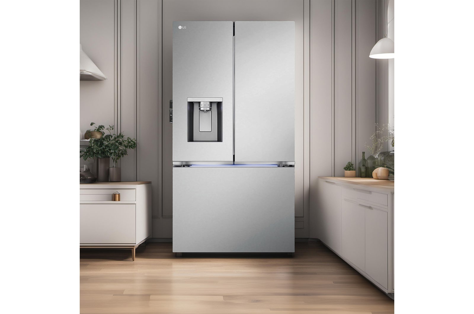 The PrintProof™ Stainless Steel LG 36-inch 31 cu.ft. French Door Refrigerator LRYXS3106S with ice & water dispenser, shown in a bright, elegant kitchen.