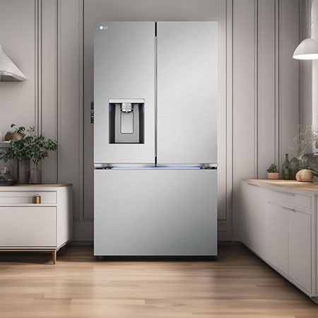 The PrintProof™ Stainless Steel LG 36-inch 31 cu.ft. French Door Refrigerator LRYXS3106S with ice & water dispenser, shown in a bright, elegant kitchen.