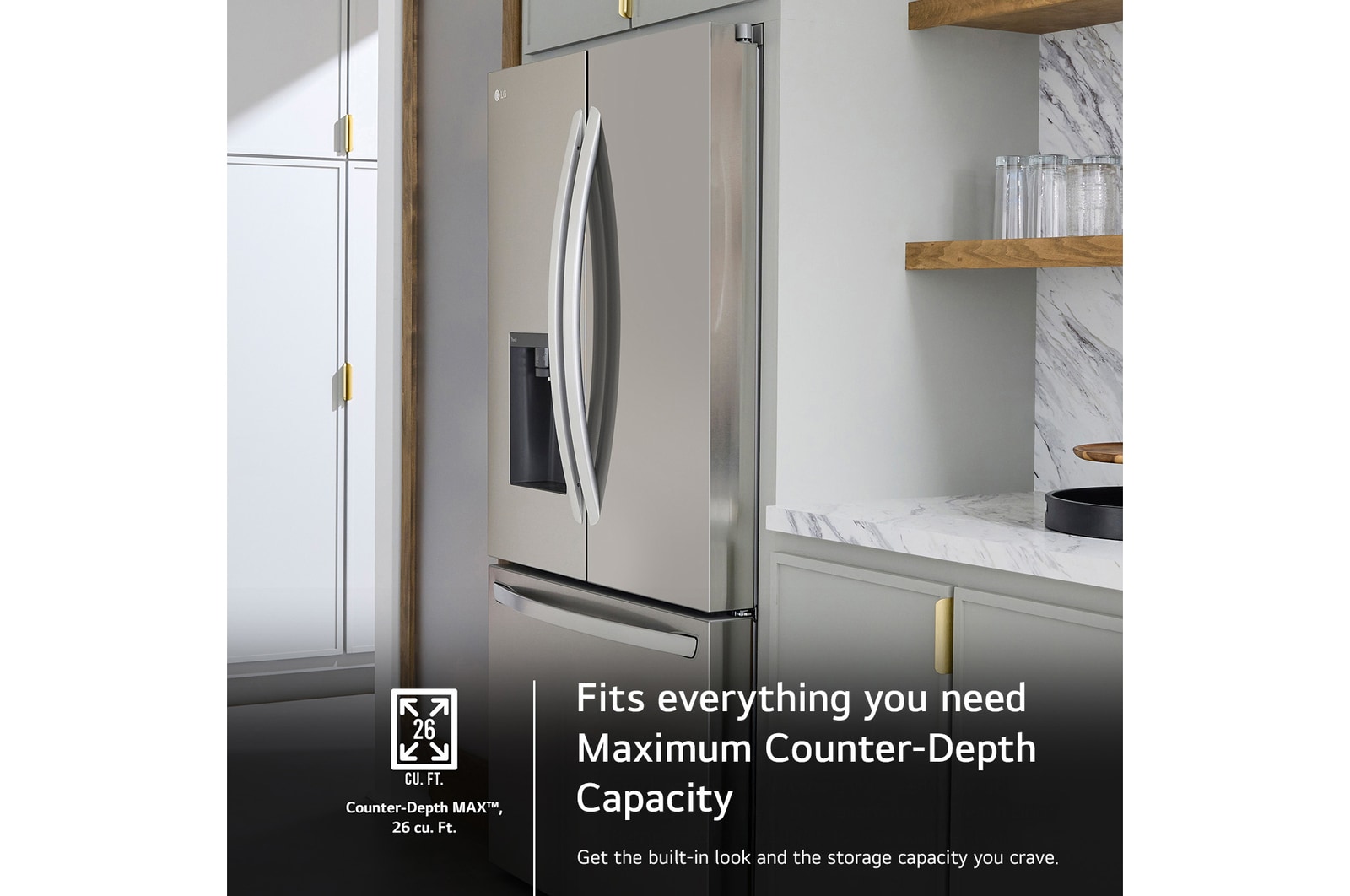The LG LCFC26XSS refrigerator's Counter-Depth MAX™ design, offering a built-in look with large 26 cu.ft. capacity.