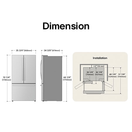LG LRFLS3206S French Door Refrigerator technical drawing: H 70 1/4"(1785mm), W 35 3/4"(908mm), D 34 3/8"(874mm), incl. clearances.
