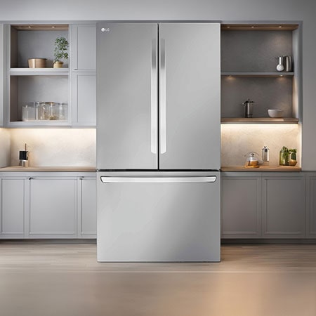 LG French Door Fridge Freezer LRFLS3206S in Prime Stainless Steel, elegantly integrated into a modern kitchen with grey cabinetry and warm ambient lighting.