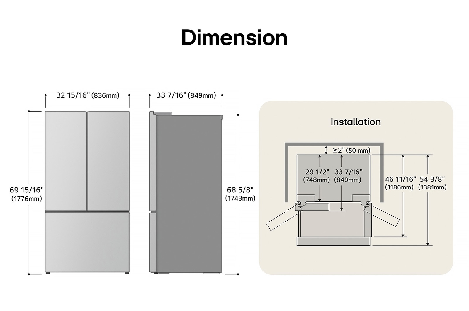 LG LF25S6200S French Door Refrigerator technical drawing: H 69 15/16"(1776mm), W 32 15/16"(836mm), D 33 7/16"(849mm), incl. clearances.