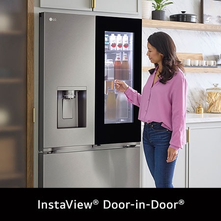 The LG 26 cu.ft. French Door Refrigerator LF26C6360S, showing the InstaView® Door-in-Door® panel being knocked on to see inside.