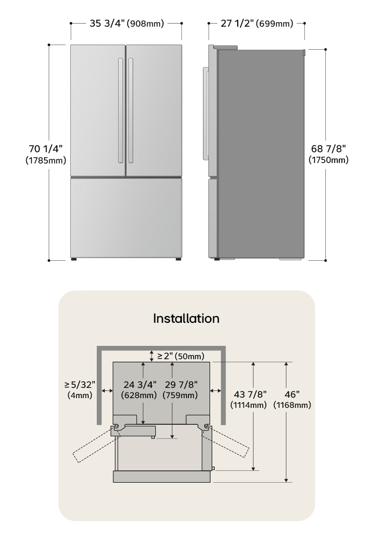 LG French Door Refrigerator technical drawing: H 70 1/4"(1785mm), W 35 3/4"(908mm), D 27 1/2"(699mm), incl. clearances.