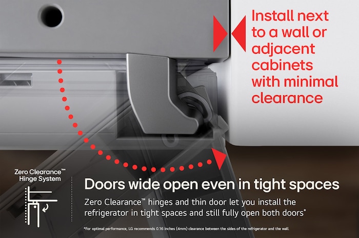 Close-up of the LG LF24Z6530S refrigerator's Zero Clearance™ Hinge, allowing doors to open fully even in tight spaces.