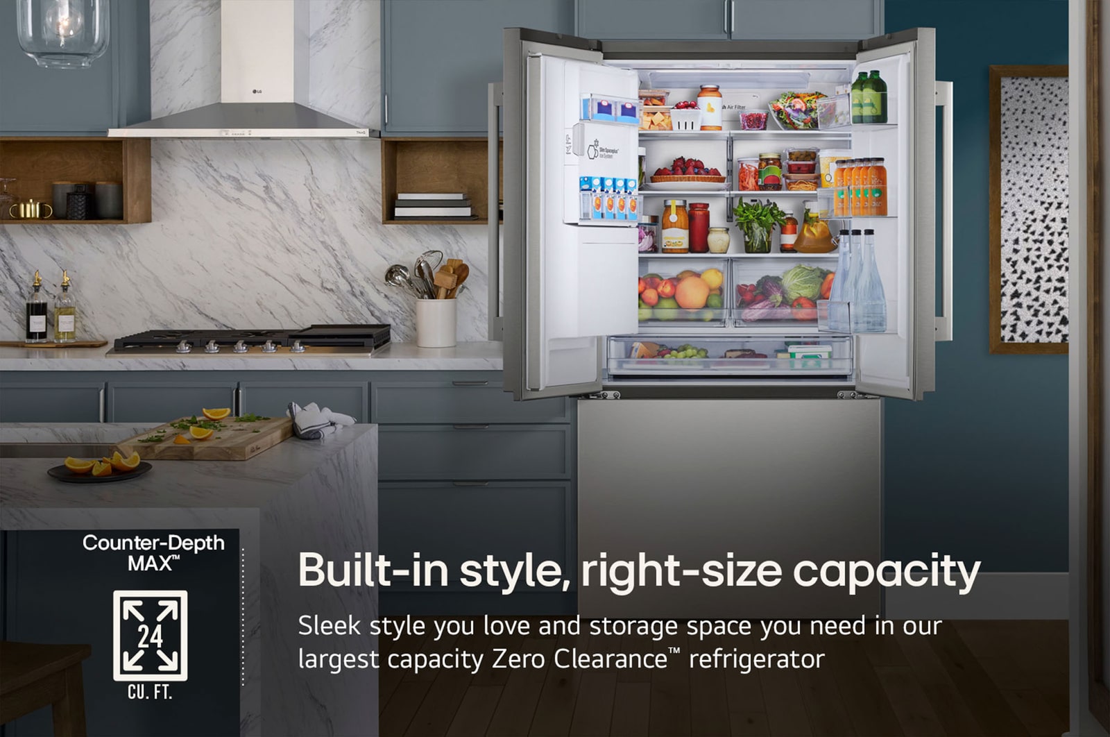 The LG LF24Z6530S refrigerator interior, showing its Counter-Depth MAX™ design offering a built-in look with 24 cu.ft. capacity.