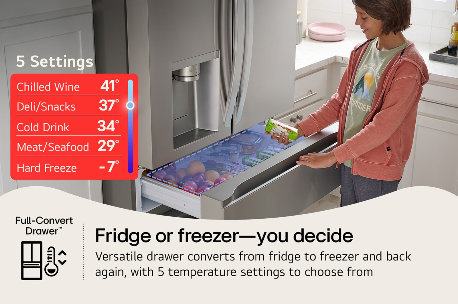 The LG LF29S8365S refrigerator's Full-Convert™ Drawer, converting between fridge and freezer modes with 5 temperature settings.