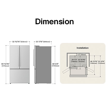 LG LF25H6200S French Door Refrigerator technical drawing: H 69 15/16"(1776mm), W 32 15/16"(836mm), D 33 7/16"(849mm), incl. clearances.