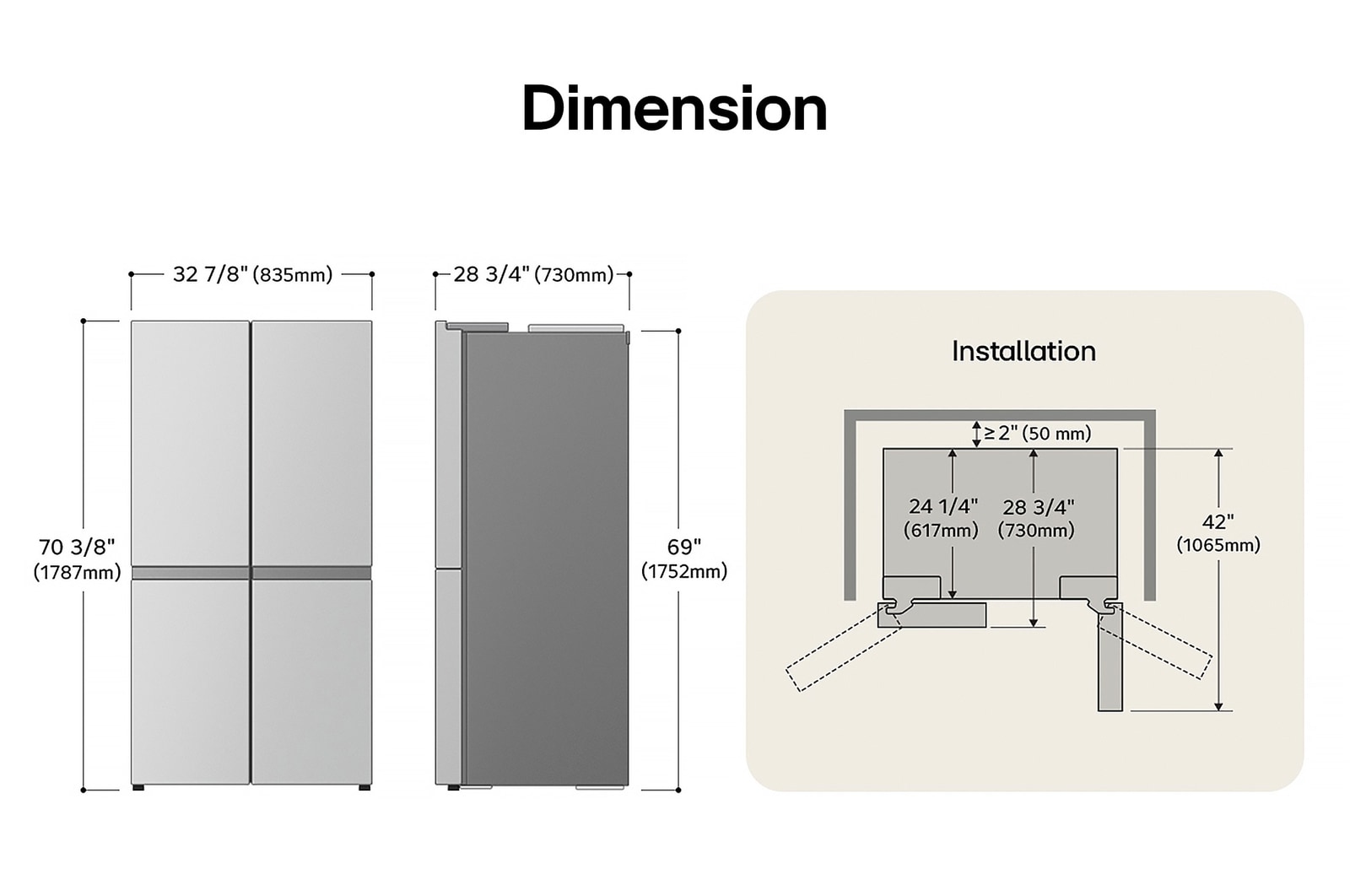 LG LF19C8200S 4-Door French Door Refrigerator technical drawing: H 70 3/8"(1787mm), W 32 7/8"(835mm), D 28 3/4"(730mm), incl. clearances.
