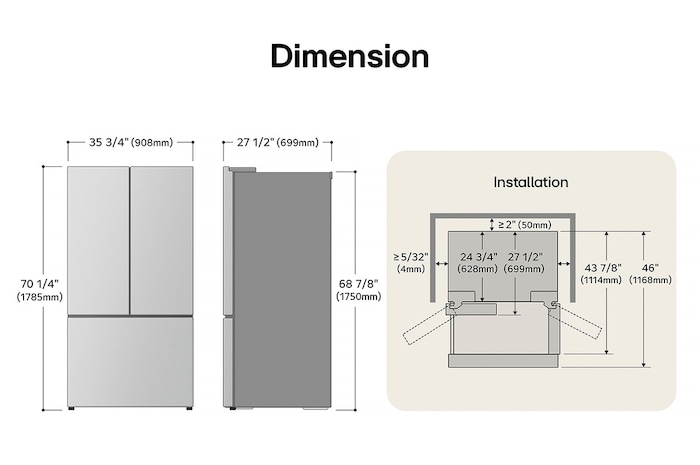 LG LF25Z6211S French Door Refrigerator technical drawing: H 70 1/4"(1785mm), W 35 3/4"(908mm), D 27 1/2"(699mm), incl. clearances.