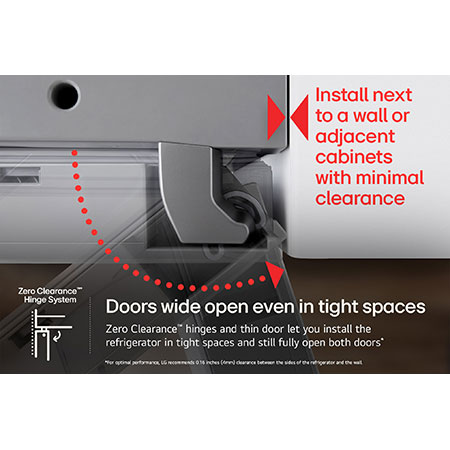 Close-up of the LG LF25Z6211S refrigerator's Zero Clearance™ Hinge, allowing doors to open fully even in tight spaces.