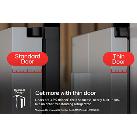 Comparison graphic showing the 45% thinner door design of the LG LF25Z6211S refrigerator vs. a standard door for a nearly built-in look.