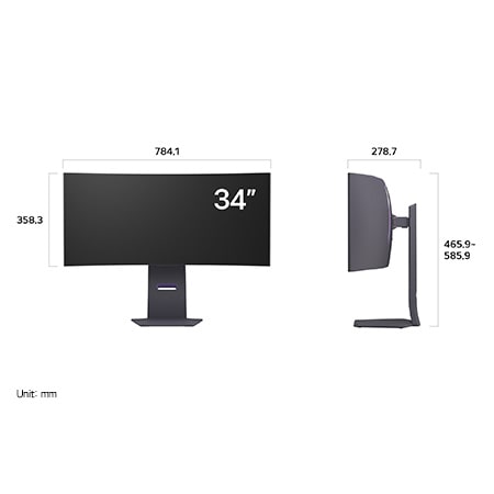 LG UltraGear Monitor 34GS95QE displaying product dimensions in front and side profile, measuring 784.1 mm width, 358.3 mm display height, 465.9 mm total height, and 278.7 mm depth.