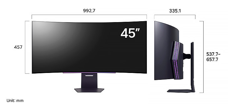 LG UltraGear Monitor 45GS95QE-B displaying product dimensions in front and side profile, measuring 992.7 mm width, 457 mm display height, 537.7 mm total height, and 335.1 mm depth.