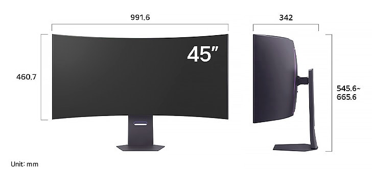 LG Monitor 45GX950A in a dark finish displaying product dimensions of the 45-inch Curved Display, measuring 991.6 mm width, 460.7 mm display height, 545.6~665.5 mm total height, and 342 mm depth.