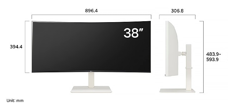 LG UltraWide Monitor 38WR85QC in a white finish displaying dimensions, measuring 896.4 mm width, 306.8 mm display height, 483.9 mm to 593.9 mm total height, and 394.4 mm depth.