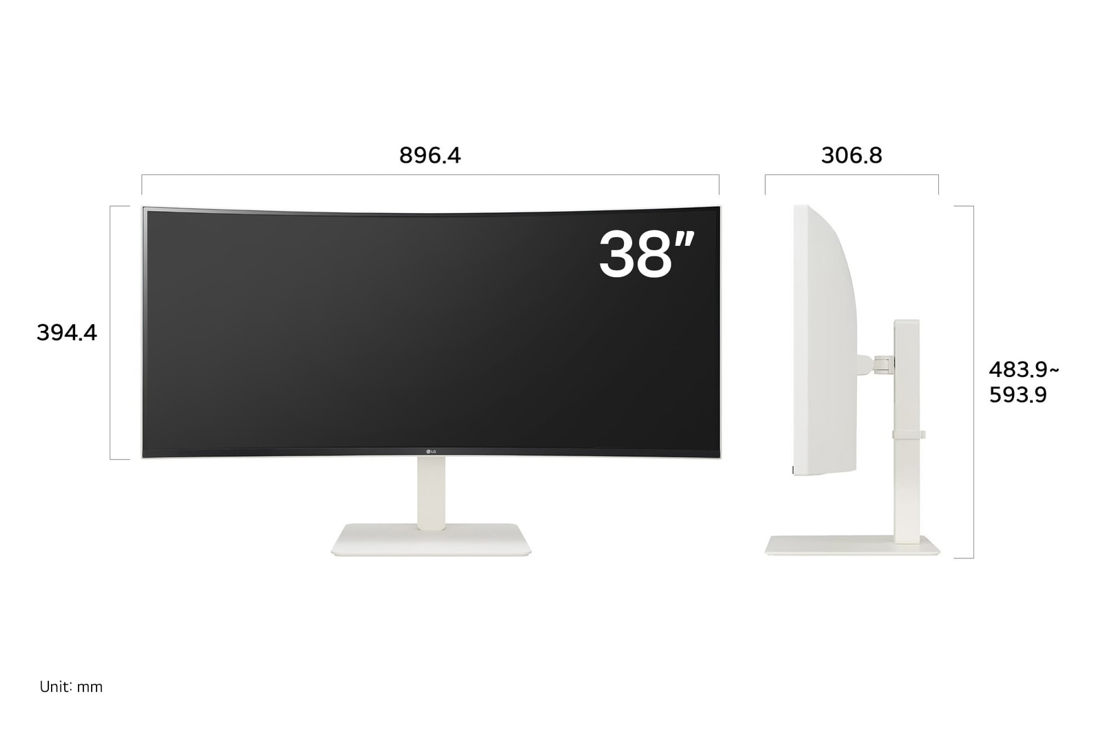LG UltraWide Monitor 38WR85QC in a white finish displaying dimensions, measuring 896.4 mm width, 306.8 mm display height, 483.9 mm to 593.9 mm total height, and 394.4 mm depth.