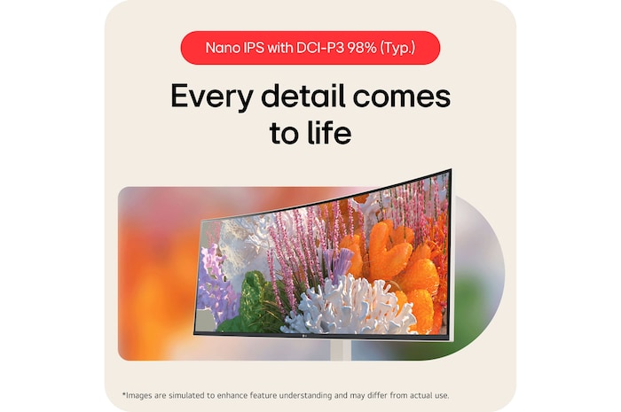 LG UltraWide Monitor 38WR85QC in a white finish, featuring a Nano IPS Panel and DCI-P3 98% colour gamut, bringing every detail to life precisely.
