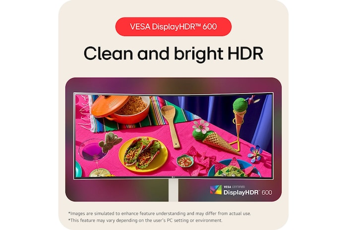 The LG UltraWide Monitor 38WR85QC in a white finish, certified VESA DisplayHDR™ 600, delivers clean and bright HDR performance for vivid image details.