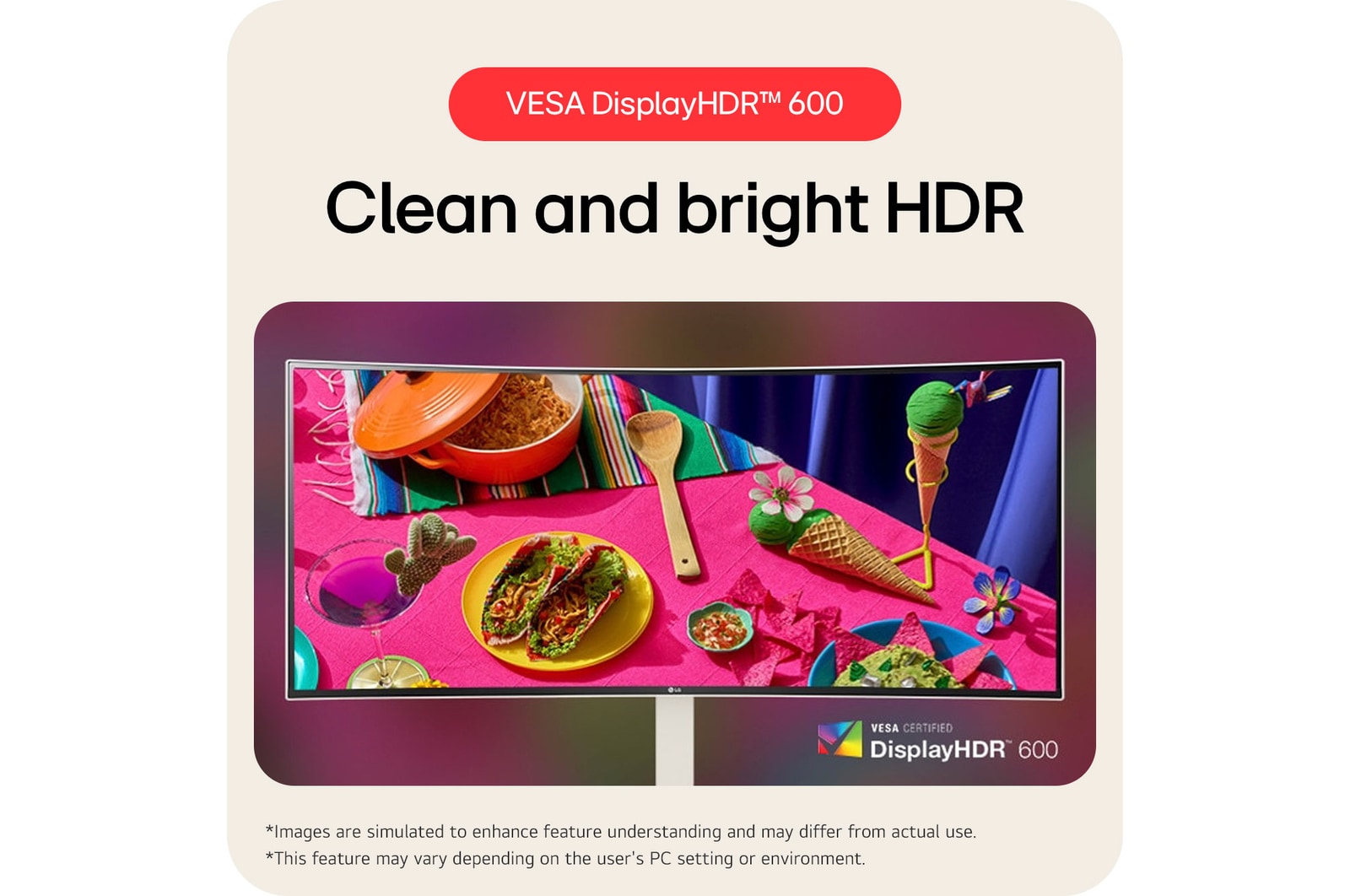 The LG UltraWide Monitor 38WR85QC in a white finish, certified VESA DisplayHDR™ 600, delivers clean and bright HDR performance for vivid image details.