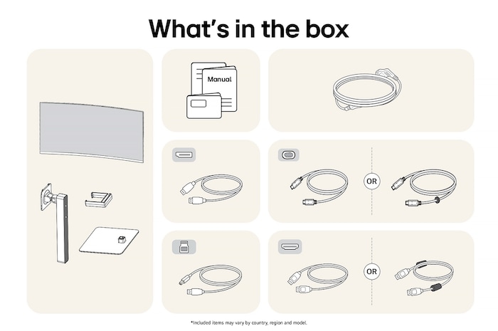 LG UltraWide Monitor 38WR85QC in a white finish showing an overview of all included components, including the monitor body, stand, manual, USB-C, HDMI, and DP cables.