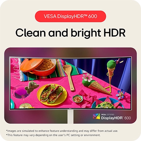 The LG UltraWide Monitor 38WR85QC in a white finish, certified VESA DisplayHDR™ 600, delivers clean and bright HDR performance for vivid image details.