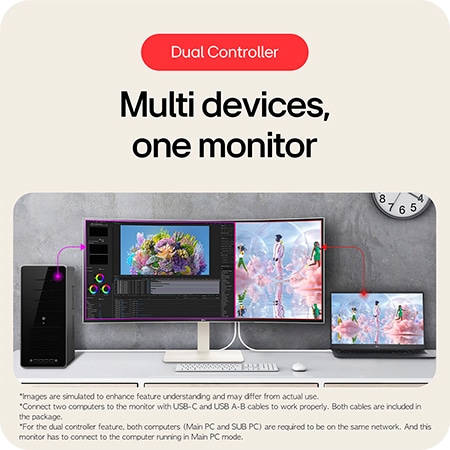 The LG UltraWide Monitor 38WR85QC in a white finish features the Dual Controller function, enabling simultaneous operation of two PCs (desktop and laptop) on one screen.