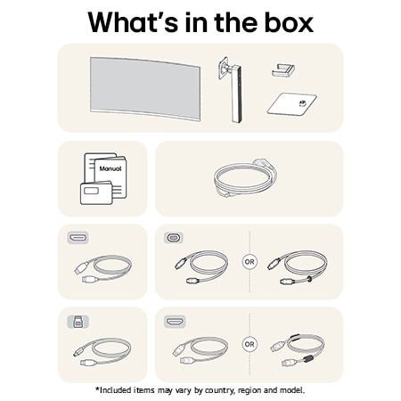 LG UltraWide Monitor 38WR85QC in a white finish showing an overview of all included components, including the monitor body, stand, manual, USB-C, HDMI, and DP cables.
