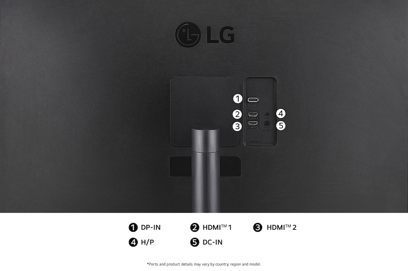 Rear view of the LG Monitor 32UR500K in a matte black finish, showcasing dual HDMI and a DP-IN port for video connectivity.