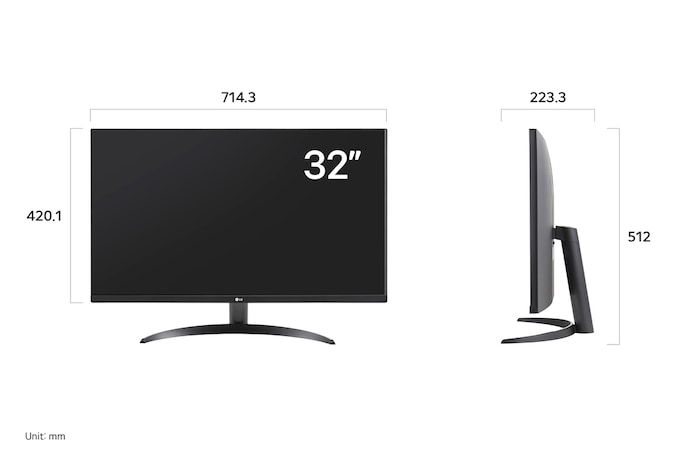 LG Monitor 32UR500K displaying dimensions, measuring 714.3 mm width, 420.1 mm display height, 512 mm total height, and 223.3 mm depth.