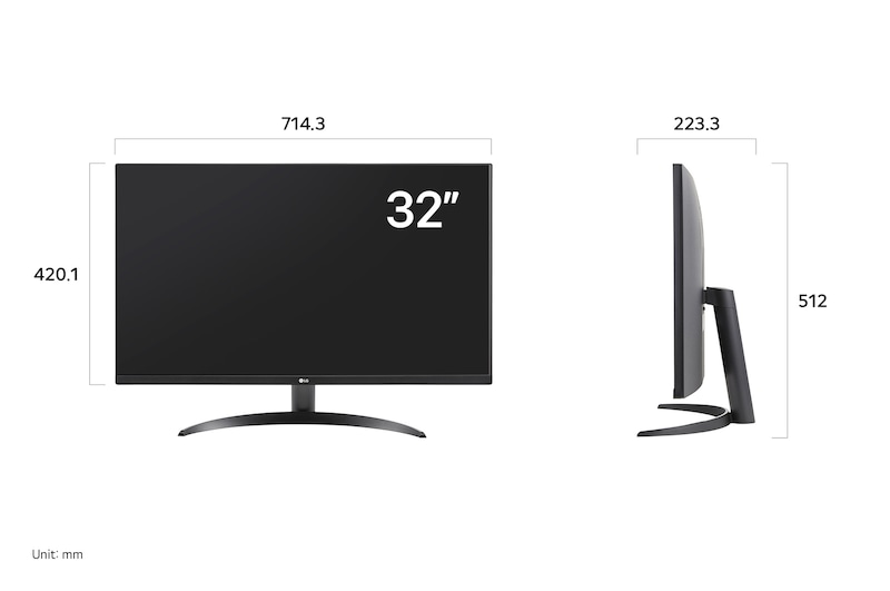 LG Monitor 32UR500K displaying dimensions, measuring 714.3 mm width, 420.1 mm display height, 512 mm total height, and 223.3 mm depth.